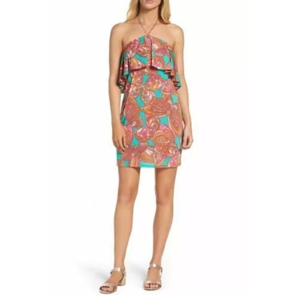 NWT TRINA TURK Ruffle Halter Jersey Dress Butterfly Parocela $138 Size M